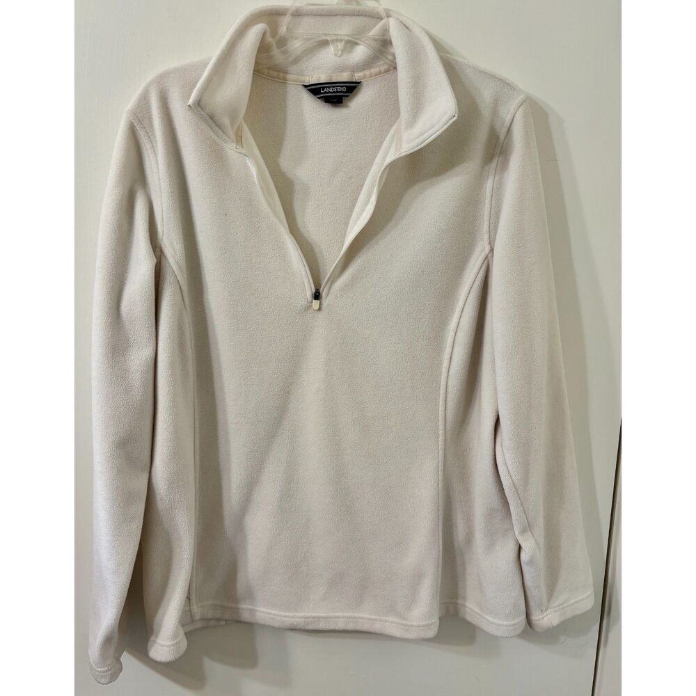 Lands' End Women's Size Large Off-White Fleece Funnel Neck Quarter Zip Pullover